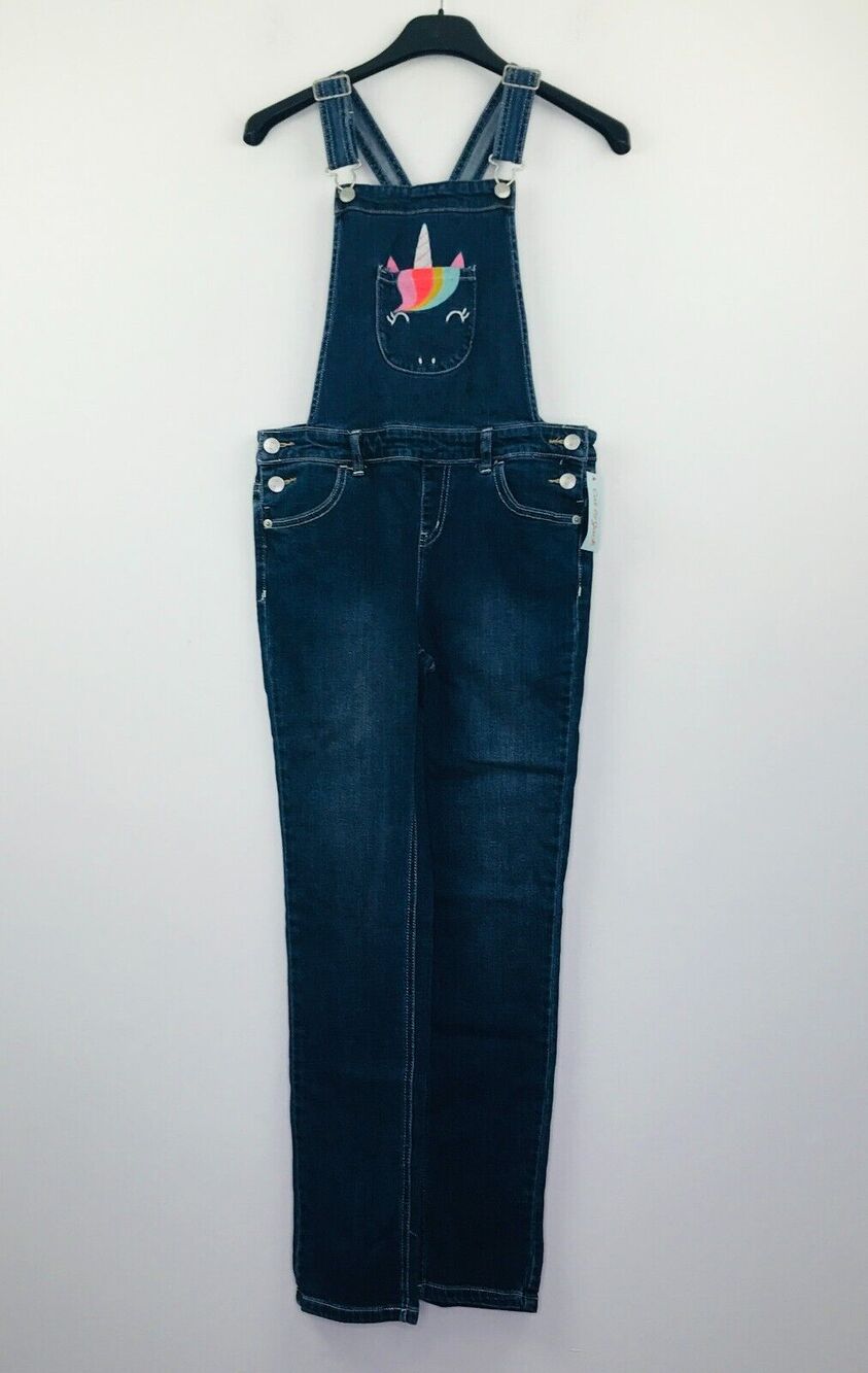 Cat & Jack Girl's Large Overalls Blue Dark Wash Stretch Unicorn Pocket NWT M